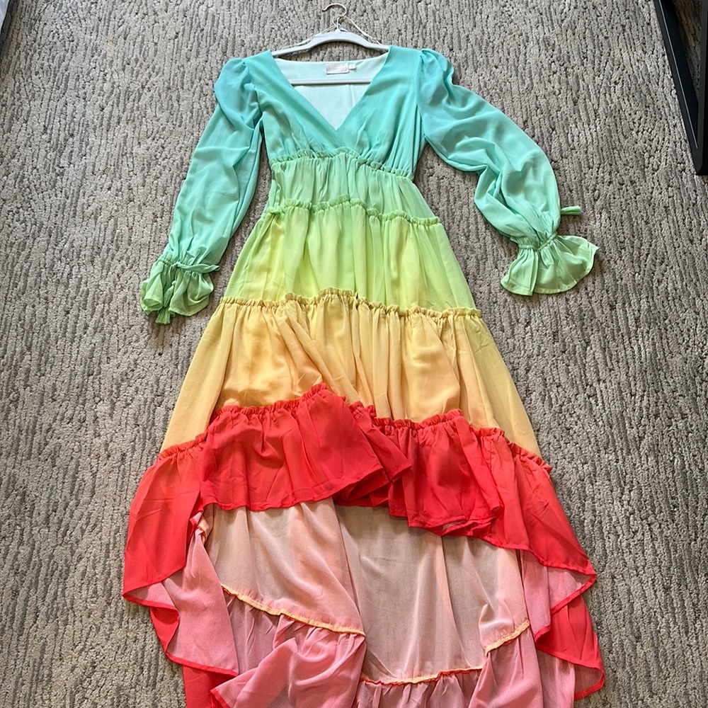 Tiered Ombre Long Sleeve Maxi Dress in Mint, Yellow & Coral